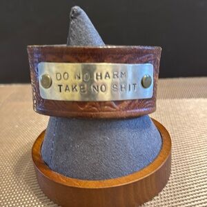 Men’s up-cycled brown tooled leather belt bracelet w/silver tone stamped plate